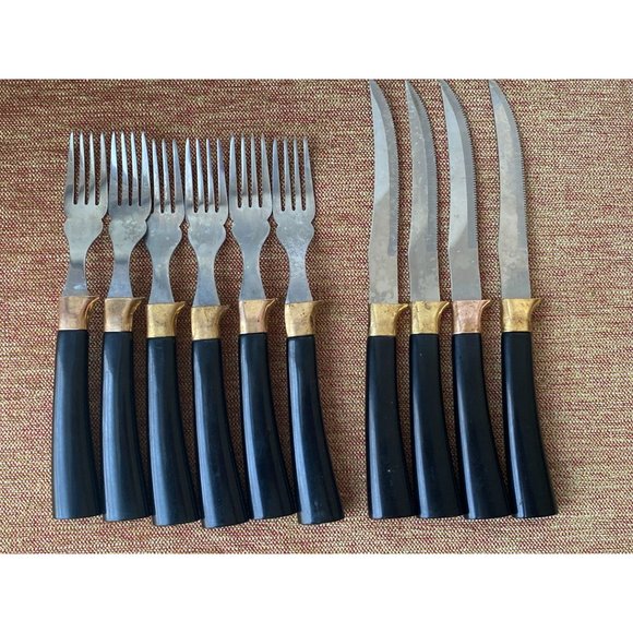 E Parker & Sons Sheffield 4 Knives &  6 Forks - Black and Gold Color - Picture 1 of 5